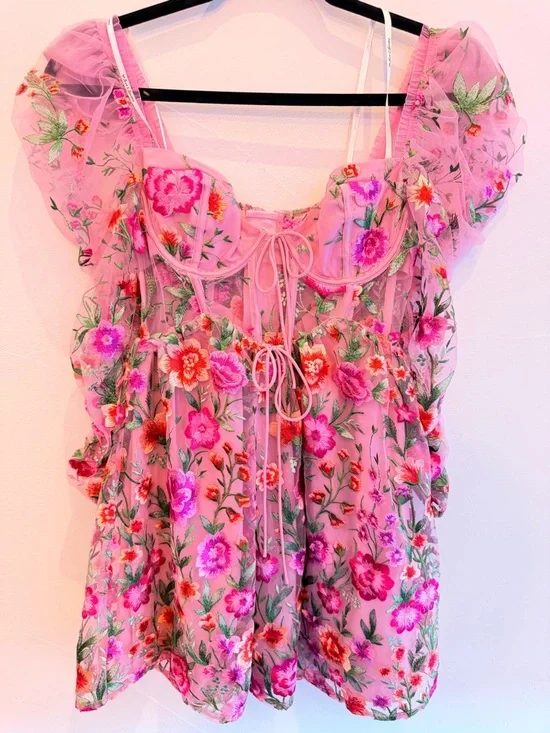 For Love & Lemons Pink Floral Embroidered Puff-Sleeve Mini Dress - Picture 4 of 6